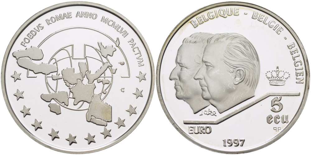 Бельгия 5 экю 1997 40 лет Римскому договору, портреты Альберта II и Бодуэна KM 205 серебро PROOF 1074-9-24