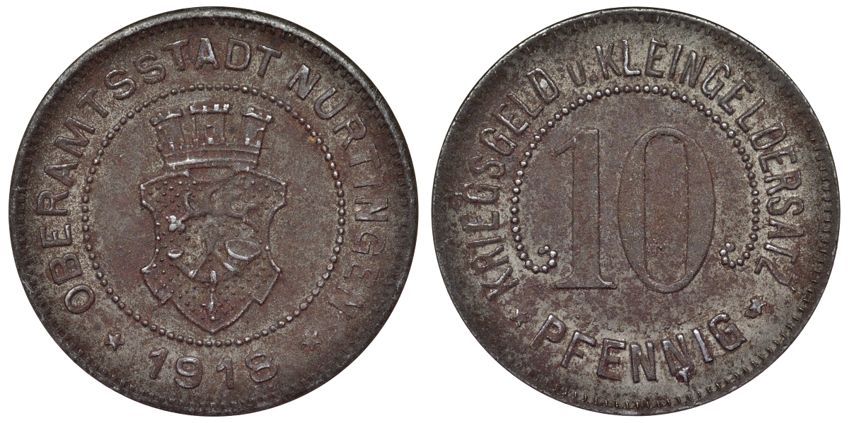 Германия, Нюртинген 10 пфеннигов 1918 Баден-Вюртемберг, нотгельд Funck 386.2 железо 4119-947