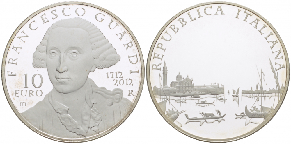 Италия 10 евро 2012 400 лет со дня рождения Франческо Гварди KM 354 серебро PROOF 05-099-24