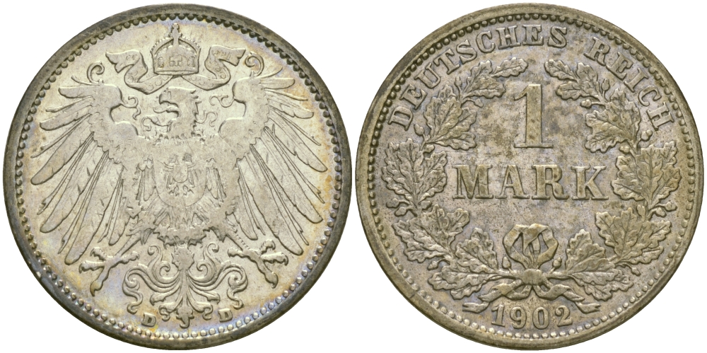 Германия 1 марка 1902 D Weege 18, J. 17, KM 14 серебро aUNC 413-5524
