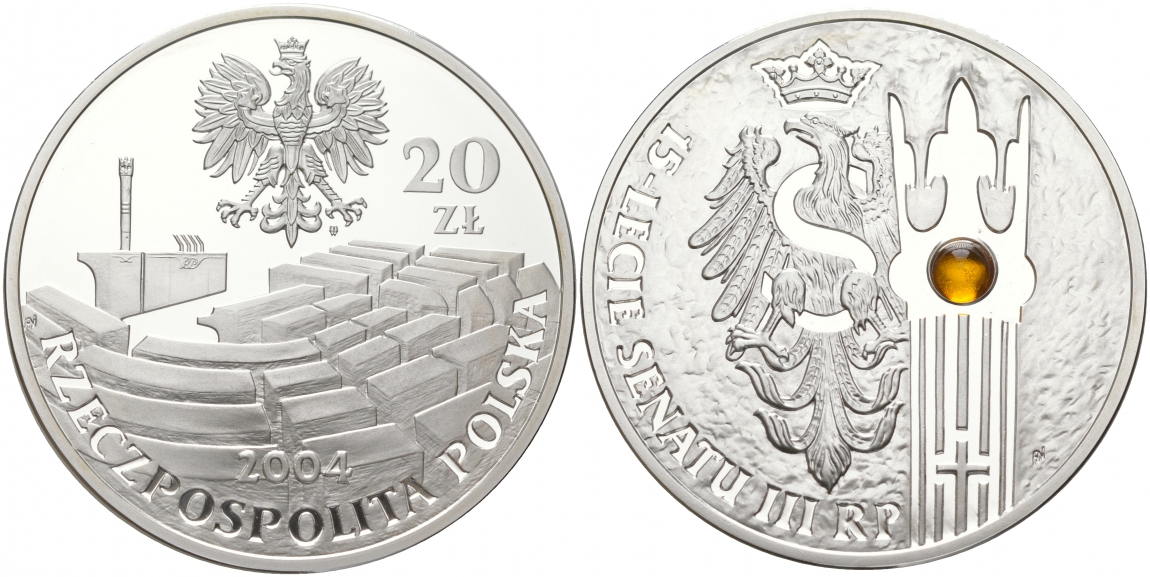 Польша 20 злотых 2004 MW, 15 лет сенату Польши, янтарная вставка KM 504 серебро PROOF 1091-2-41