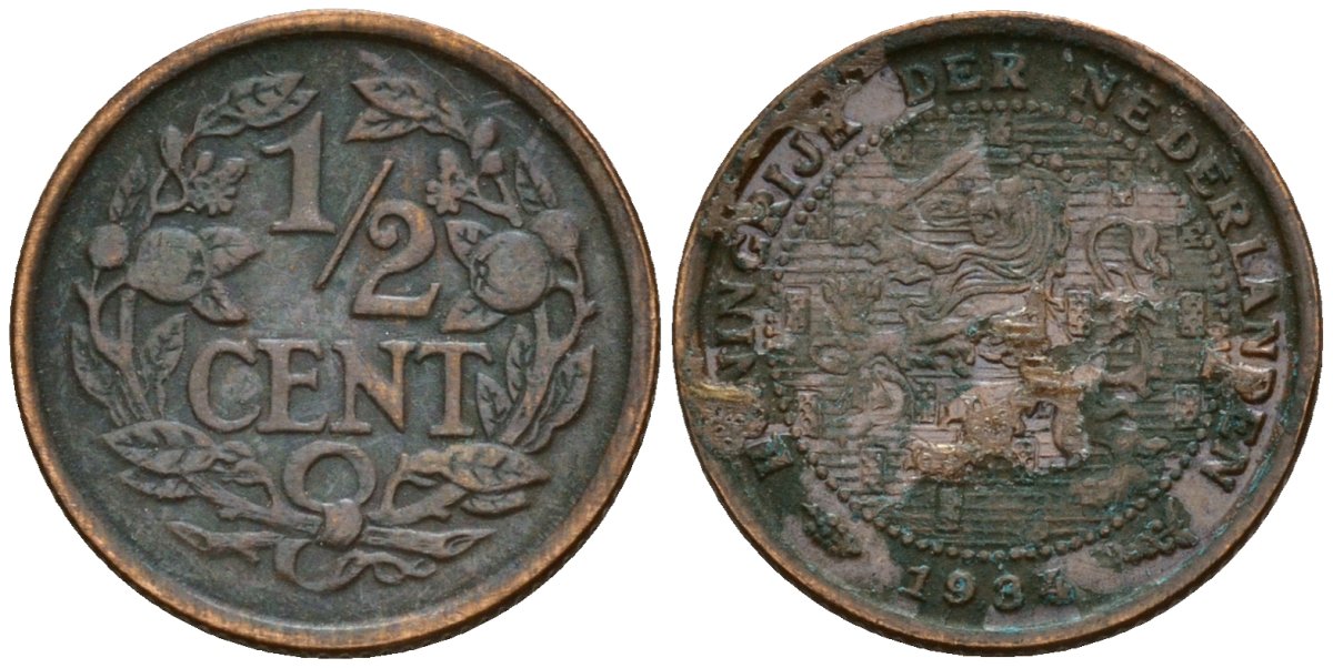 Нидерланды 1/2 цента 1934 Вильгельмина (1890-1948) KM 138 бронза 4169-1231