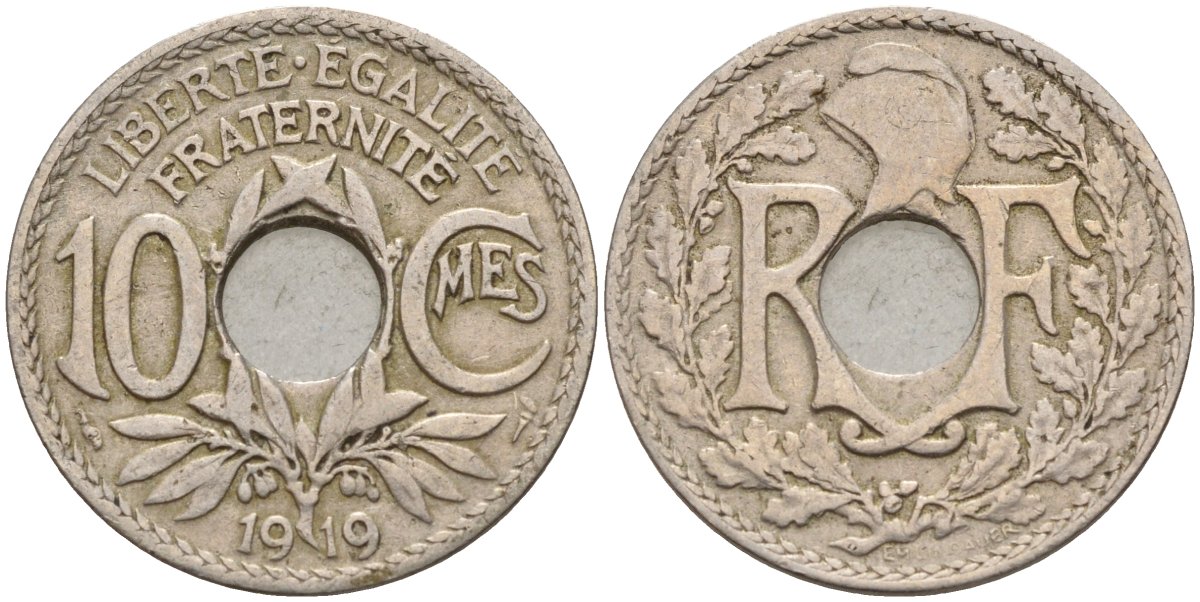 Франция 10 сантимов 1919 KM 866a, LE FRANC 138.3 медно-никель 4143-612