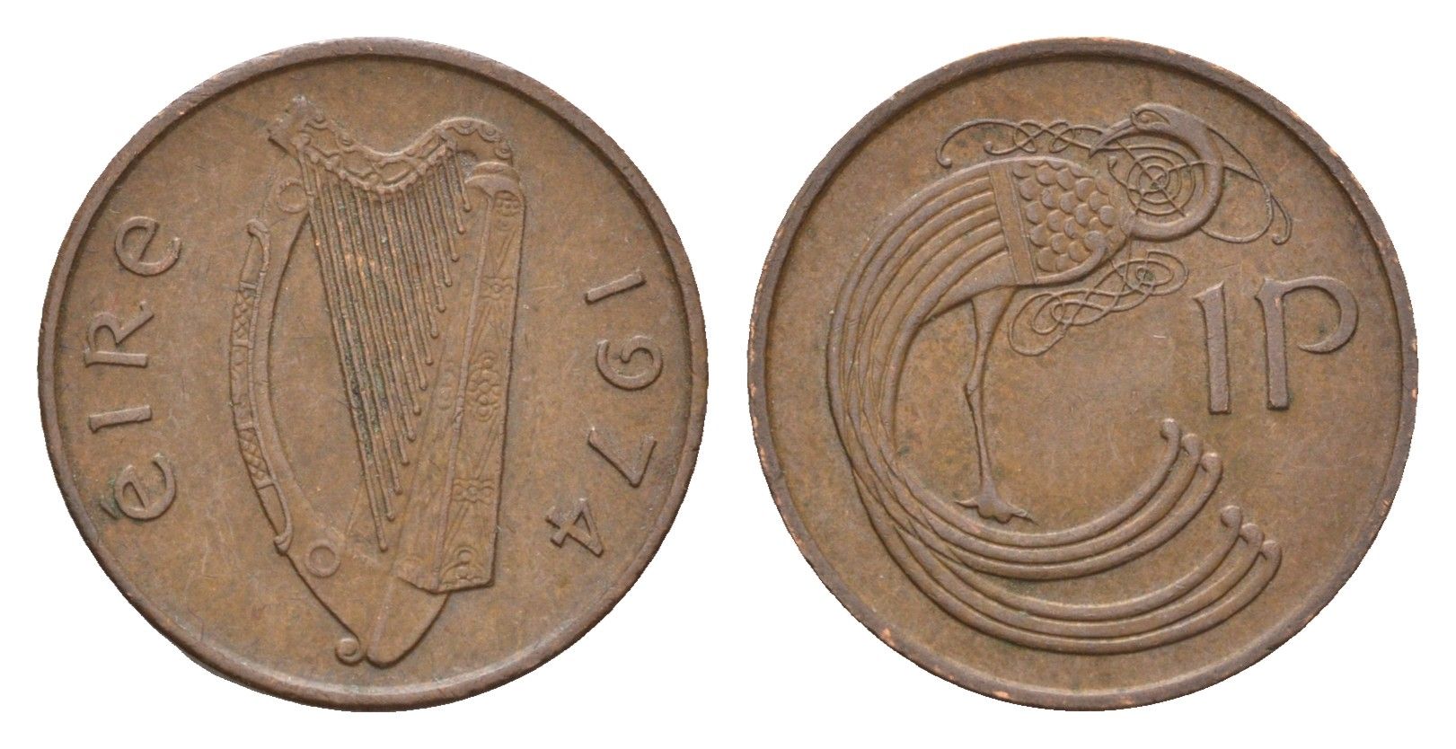 Ирландия 1 пенни 1974 мифологическая птица лира KM 20 бронза 4690-353