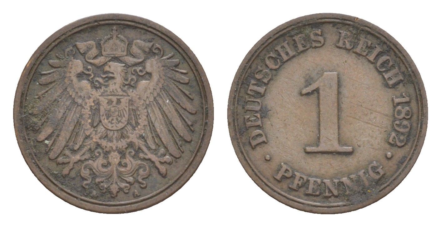 Германия 1 пфенниг 1892 A, Вильгельм II (1888-1918) KM 10, J. 10 медь 4639-1068