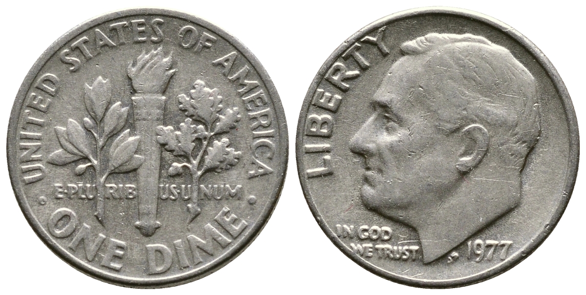 США 10 ЦЕНТОВ = 1 ДАЙМ 1977 РУЗВЕЛЬТ KM 195а медь плакированная медно-никелем 73-1736