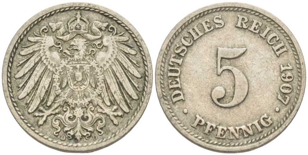 ГЕРМАНИЯ 5 ПФЕННИГОВ 1907 D KM 11, J. 12 медно-никель 105-125
