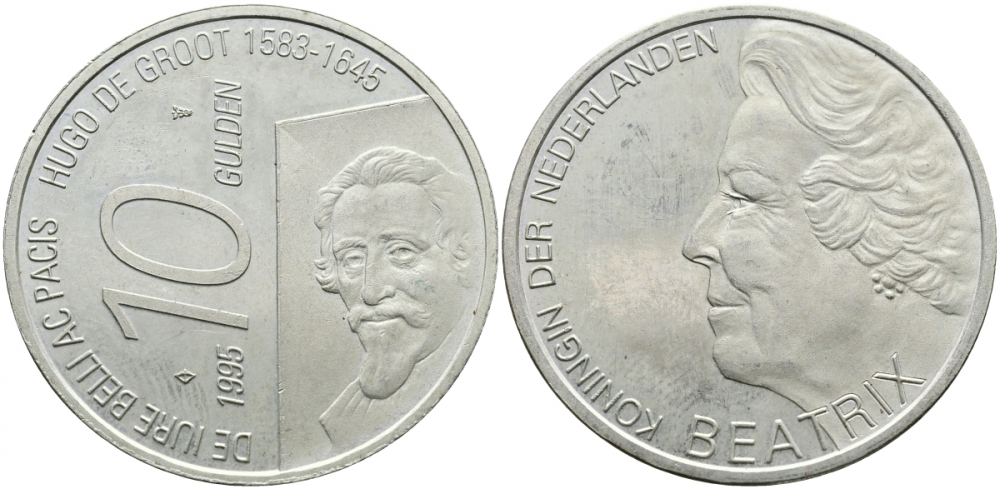 Нидерланды 10 гульденов 1995 300 лет со дня смерти Хьюго Грута, королева Беатрикс KM 220 серебро UNC 413-3943