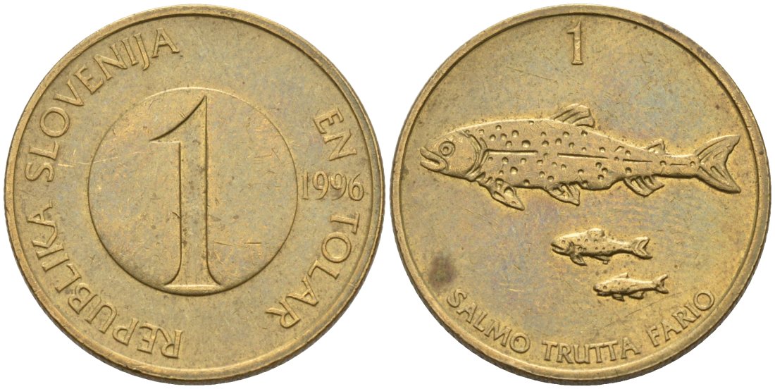 Словения 1 толар 1996 рыбы KM 4 никель латунь 4573-612