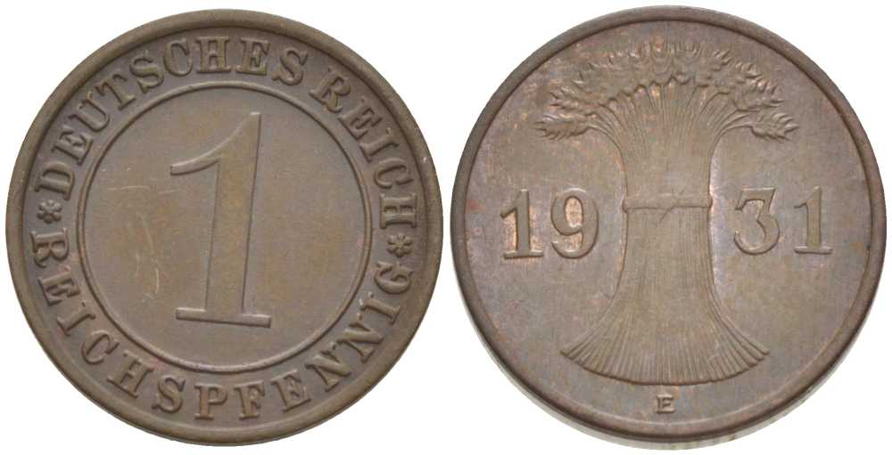 ГЕРМАНИЯ 1 РЕЙХСПФЕННИГ 1931 E KM 37, J. 313, Weege 2 бронза 206-837
