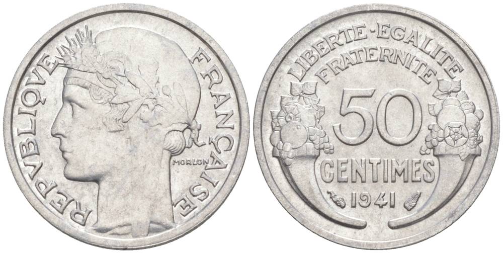 ФРАНЦИЯ 50 САНТИМОВ 1941 ТИП MORLON LOURDE KM 894.1a, LE FRANC 193.2 алюминий 44-251