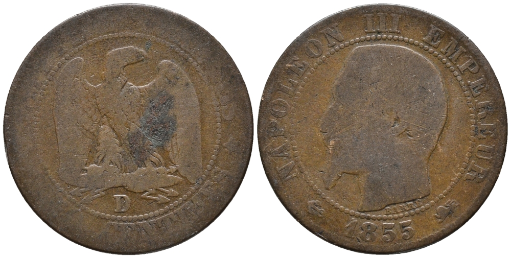 ФРАНЦИЯ 5 САНТИМОВ 1855 D, НАПОЛЕОН III (1852-1870) KM 777.4, LE FRANC 116.23 бронза 67-115
