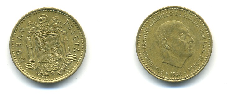 ИСПАНИЯ 1 ПЕСЕТА 1966 (72) ФРАНСИСКО ФРАНКО ДИКТАТОР ИСПАНИИ (1939-1975) КМ 796 алюминиевая бронза 80-1117
