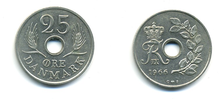 ДАНИЯ 25 ЭРЕ 1966 С; S, ФРЕДЕРИК IX (1947-1972) KM 855.1 медно-никель 80-343