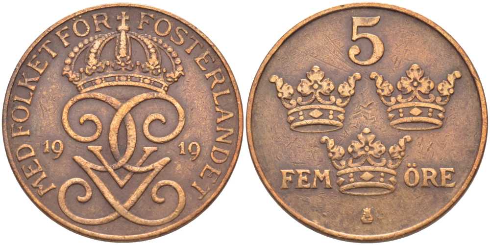 Швеция 5 эре 1919 Густав V (1907-1950) KM 779.2 бронза 115-835