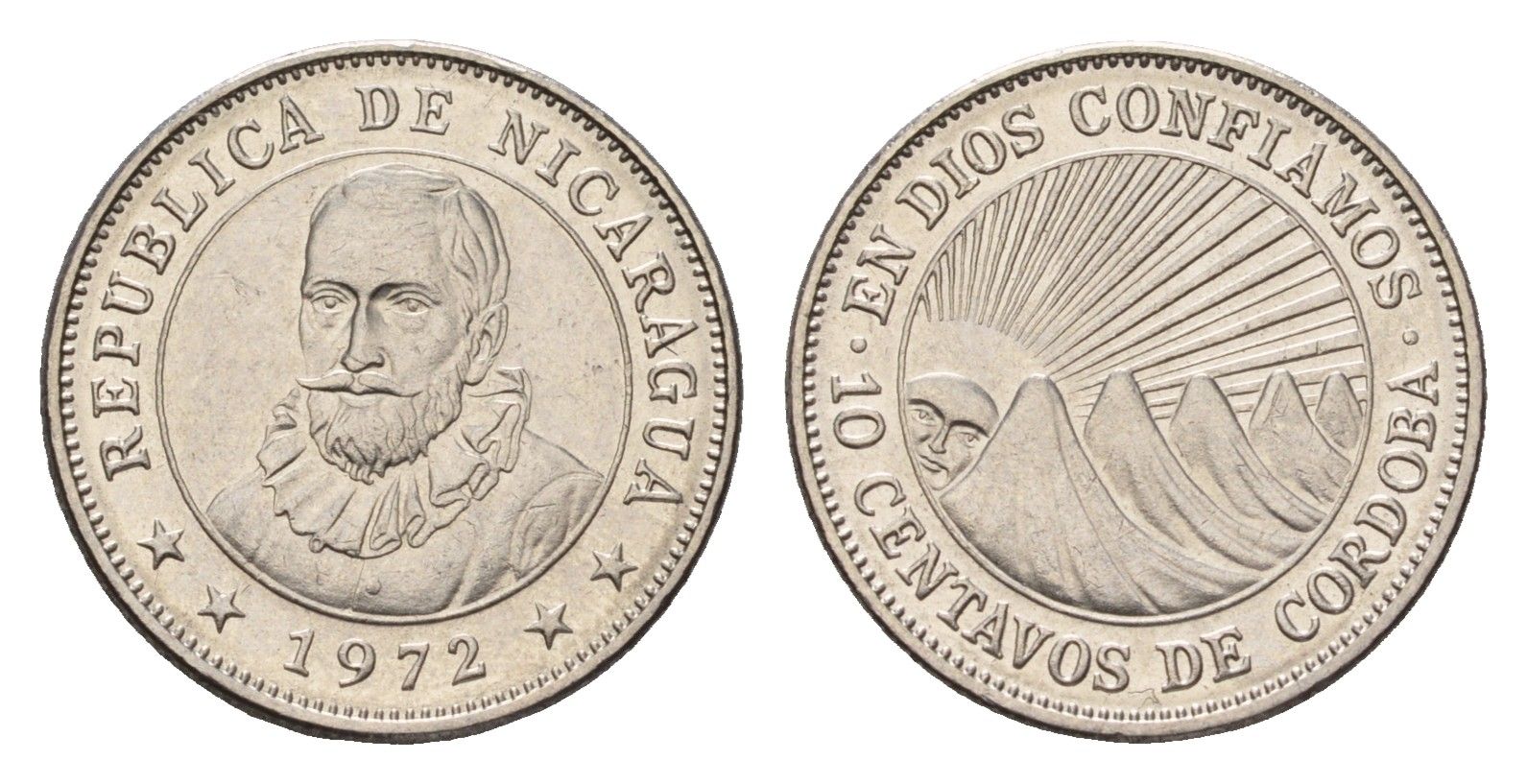 Никарагуа 10 сентаво 1972 год-тип KM 17.2a сталь плакированная никелем UNC 4585-861