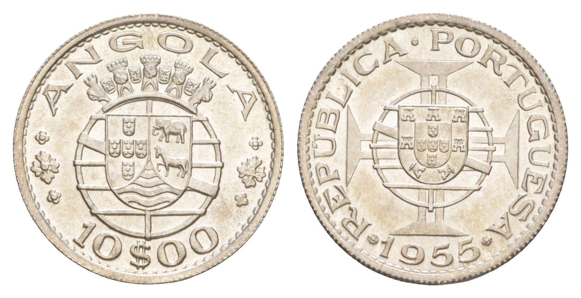 Ангола 10 эскудо 1955 KM 73 серебро UNC 4127-632