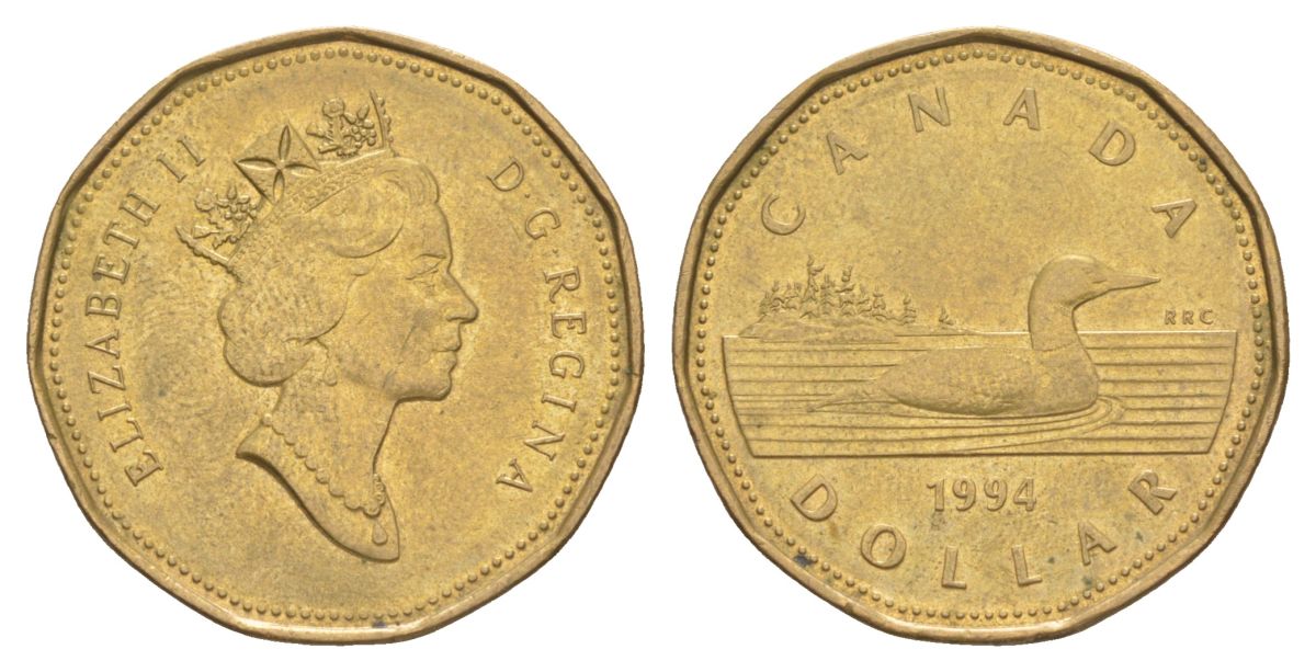 Канада 1 доллар 1994 Елизавета II (1952-2022), утка KM 186 никель плакированный позолоченной бронзой 4631-757