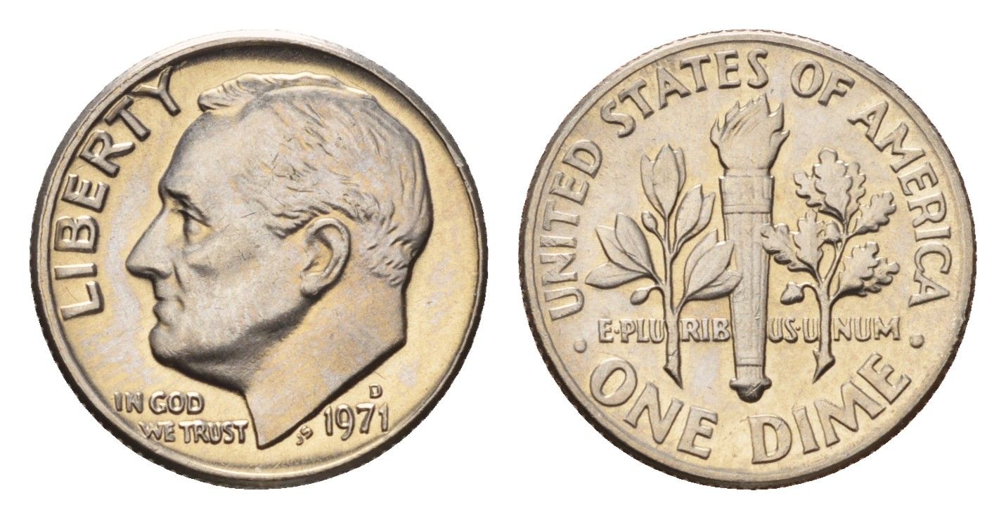 США 1 дайм (10 центов) 1971 D, Рузвельт, из набора KM 195a медь плакированная медно-никелем BU 4685-524