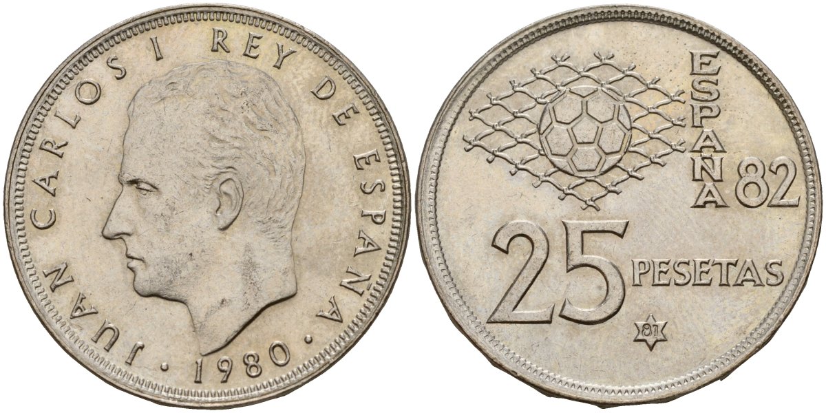 Испания 25 песет 1980 (81) Чемпионат мира по футболу в Испании 1982, Король Хуан Карлос I (1975 - 2014) KM 818 медно-никель 4187-1136