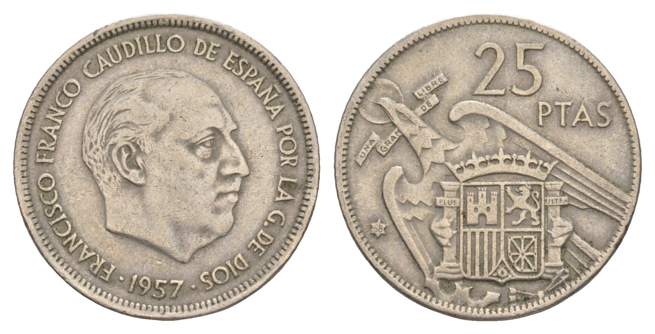 Испания 25 песет 1957 (58) Франсиско Франко KM 787 медно-никель 4176-712