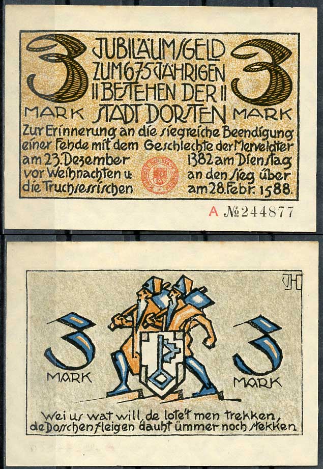 Германия, Дорстен 3 марки 1922 нотгельд, историческая серия Li.273, M.282.1  бумага  UNC (пресс) 444-85-3-2