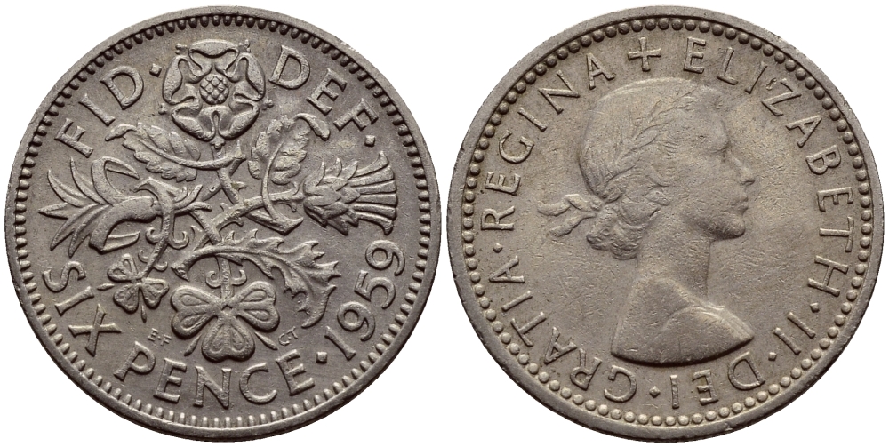 Великобритания 6 пенсов 1959 Елизавета II (1952-2022) KM 903, Spink 4149 медно-никель 75-962