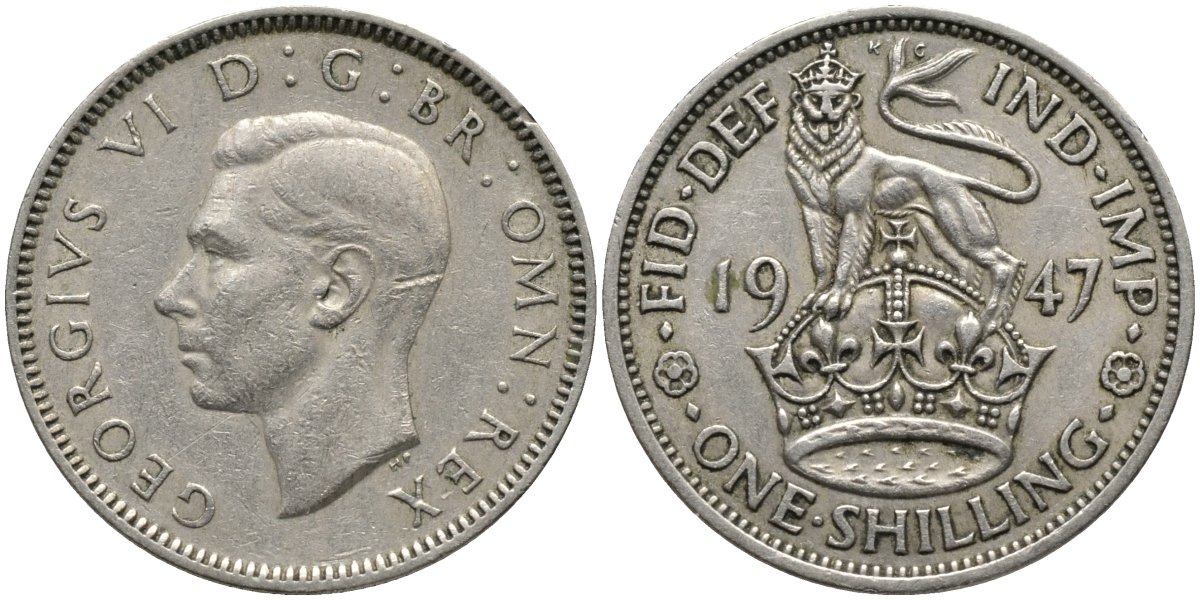 Великобритания 1 шиллинг 1947 Георг VI (1936-1952), Английский герб KM 863, Spink 4103 медно-никель 4171-615