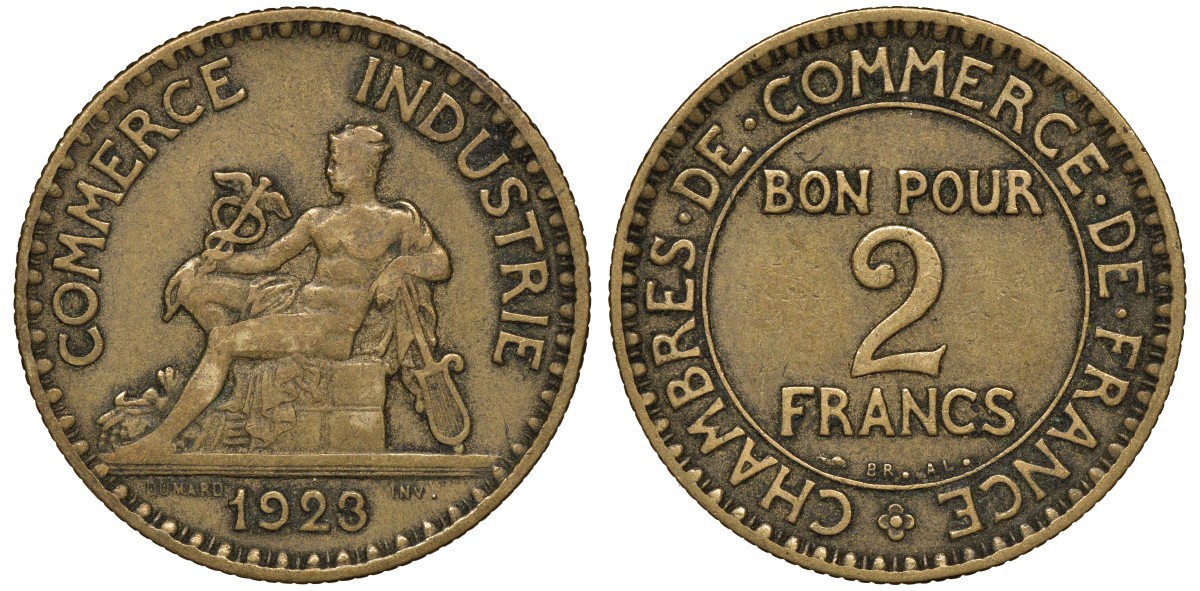 Франция 2 франка 1923 Chambres de Commerce KM 877, Le Franc 267.5 алюминиевая бронза 4163-645