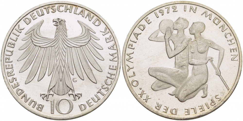 ФРГ 10 марок 1972 G, XX летние Олимпийские Игры, Мюнхен 1972, спортсмены KM 132, J. 403 серебро UNC 3457-415