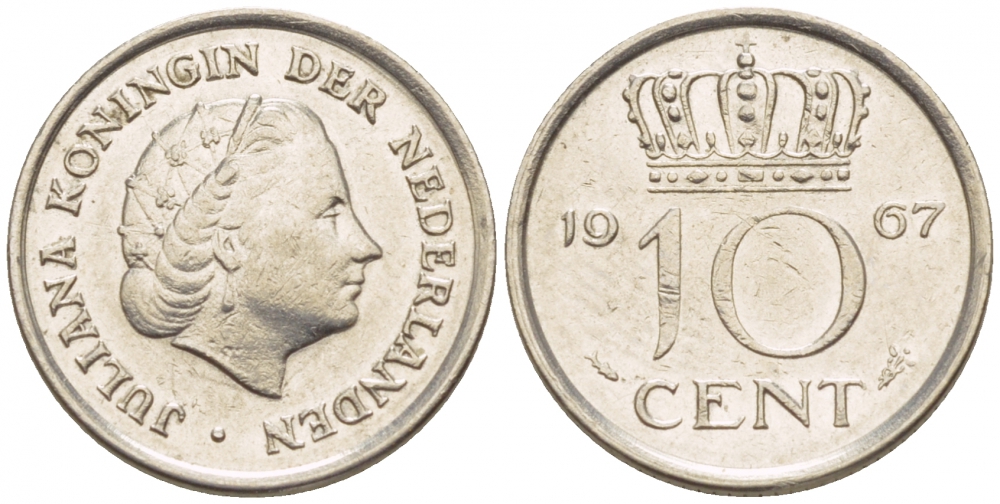 НИДЕРЛАНДЫ 10 ЦЕНТОВ 1967 ЮЛИАНА KM 182 никель 4547-839