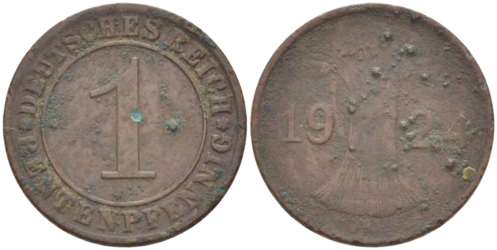 Германия 1 рентенпфенниг 1924 A KM 30, J. 306, Weege 1 бронза 4181-512