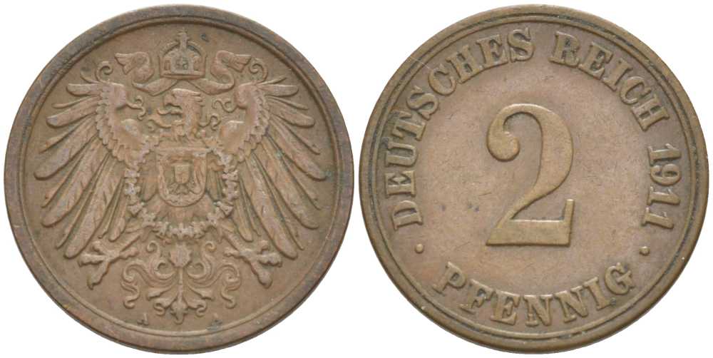 ГЕРМАНИЯ 2 ПФЕННИГА 1911 A KM 16, J. 11, Weege 4 медь 212-345