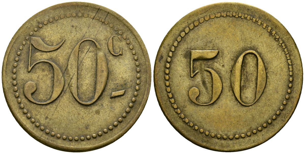 Франция 50 сантимов XIX-XX век ресторанный жетон латунь 4166-1227