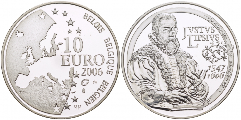 Бельгия 10 евро 2006 400 лет со дня смерти Юста Липсия (1547-1606), философа, филолога, последователя Сенеки KM 255 серебро PROOF 11-153-45