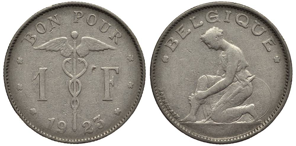 Бельгия 1 франк 1923 Belgique, Альберт I (1909-1934) KM 89 никель 27-1016