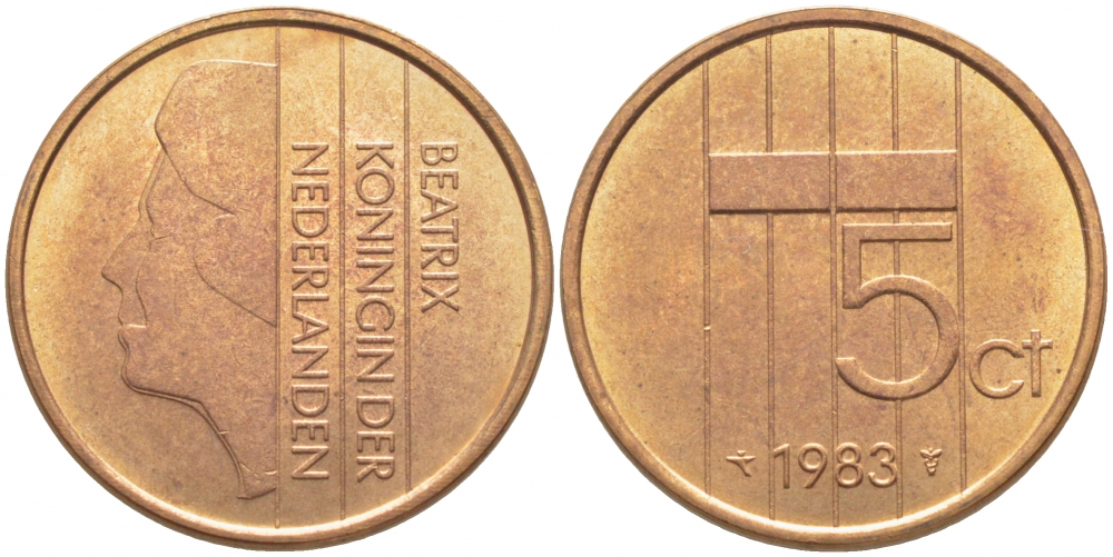 НИДЕРЛАНДЫ 5 ЦЕНТОВ 1983 БЕАТРИКС KM 202 бронза UNC 3856-522