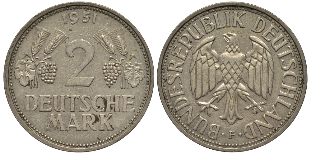 ФРГ 2 марки 1951 F J 386, KM 111 медно-никель плакированный никелем 1515-2311