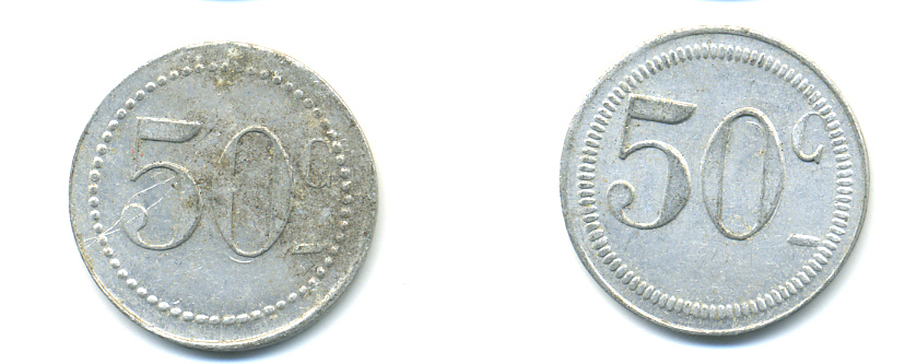 ФРАНЦИЯ 50 САНТИМОВ НАЧАЛО XX ВЕКА d 24 мм, вес около 1,0 гр., платежный жетон алюминий 89-737