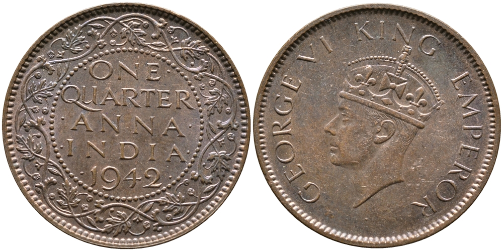 Британская Индия 1/4 анна 1942 Георг VI (1937-1952) KM 531 бронза aUNC 4364-1546