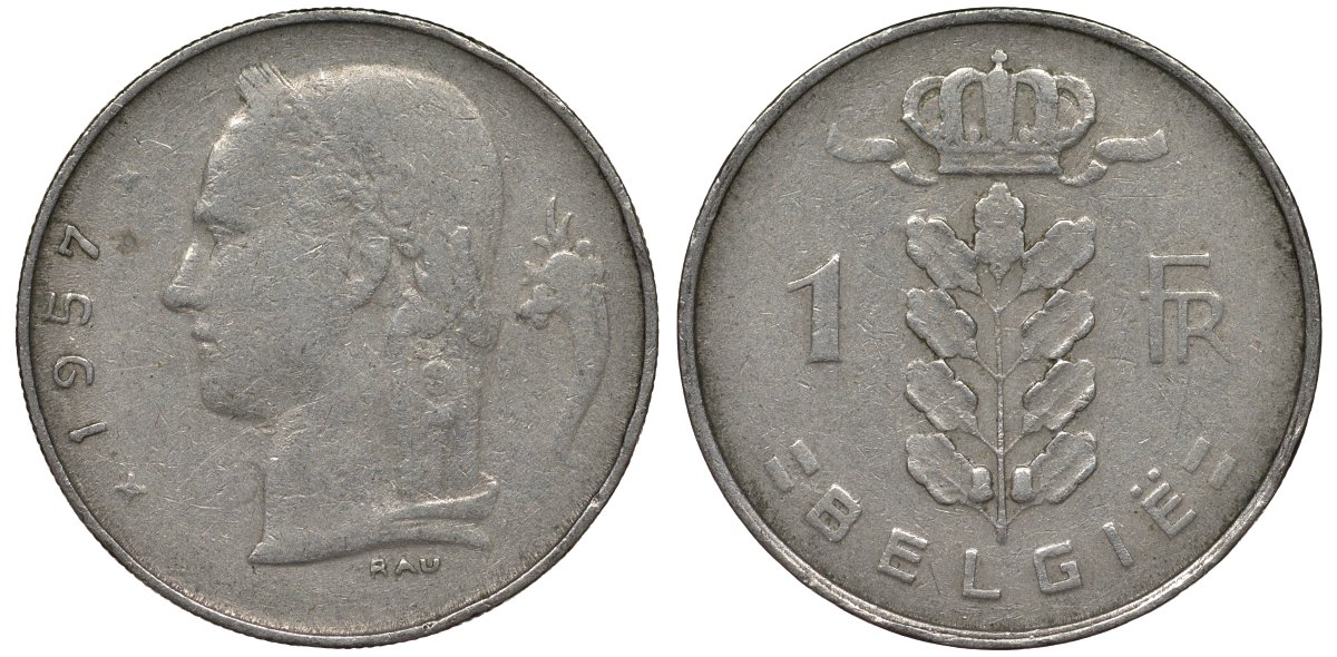 Бельгия 1 франк 1957 BELGIE KM 143 медно-никель 4128-921