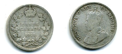 КАНАДА 5 ЦЕНТОВ 1911 ГЕОРГ V серебро 46-2467
