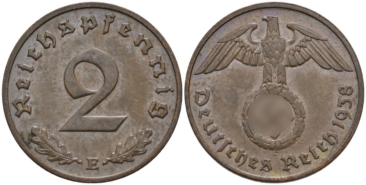 Германия 2 рейхспфеннига 1938 E KM 90, J. 362 бронза 4151-115