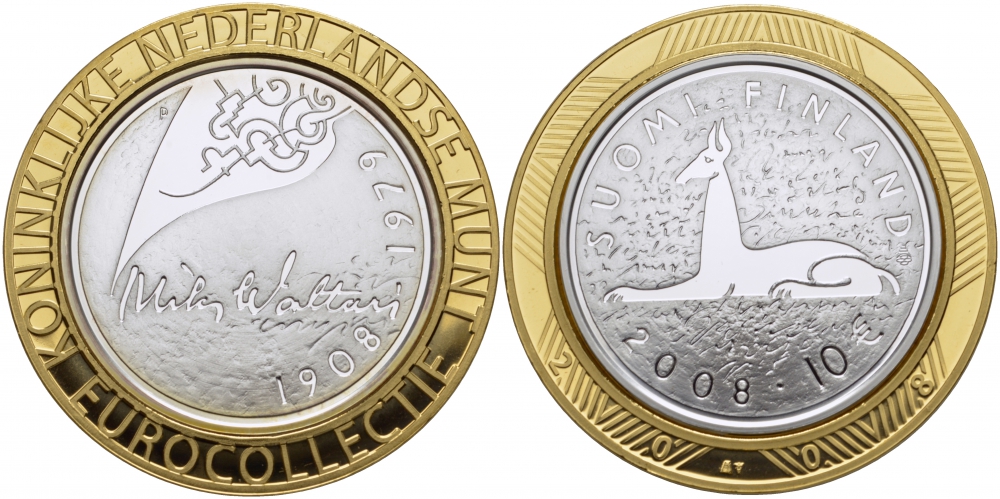 Финляндия 10 евро 2008 Мика Валтари, писатель KM 142 серебро  PROOF 11-141-32  05-141-32