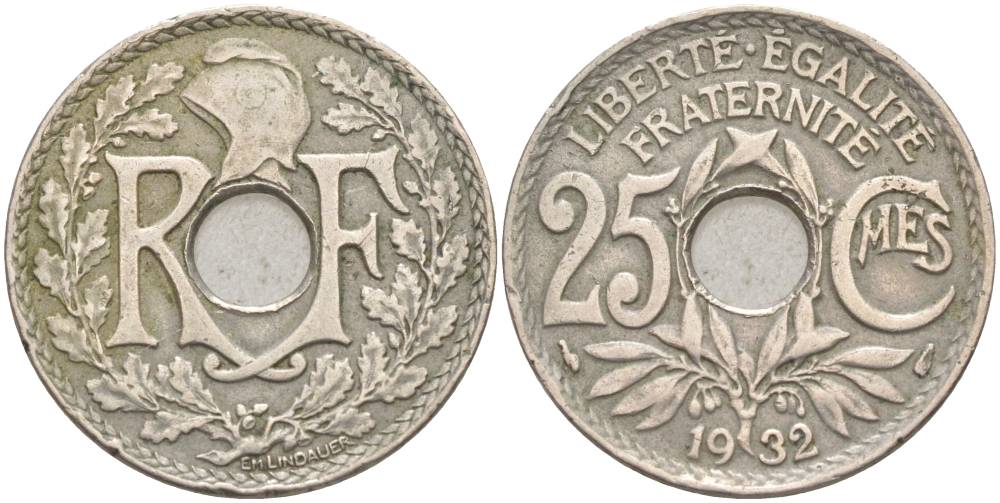 ФРАНЦИЯ 25 САНТИМОВ 1932 ТИП LINDAUER KM 867a, LE FRANC 171.16 медно-никель 55-154