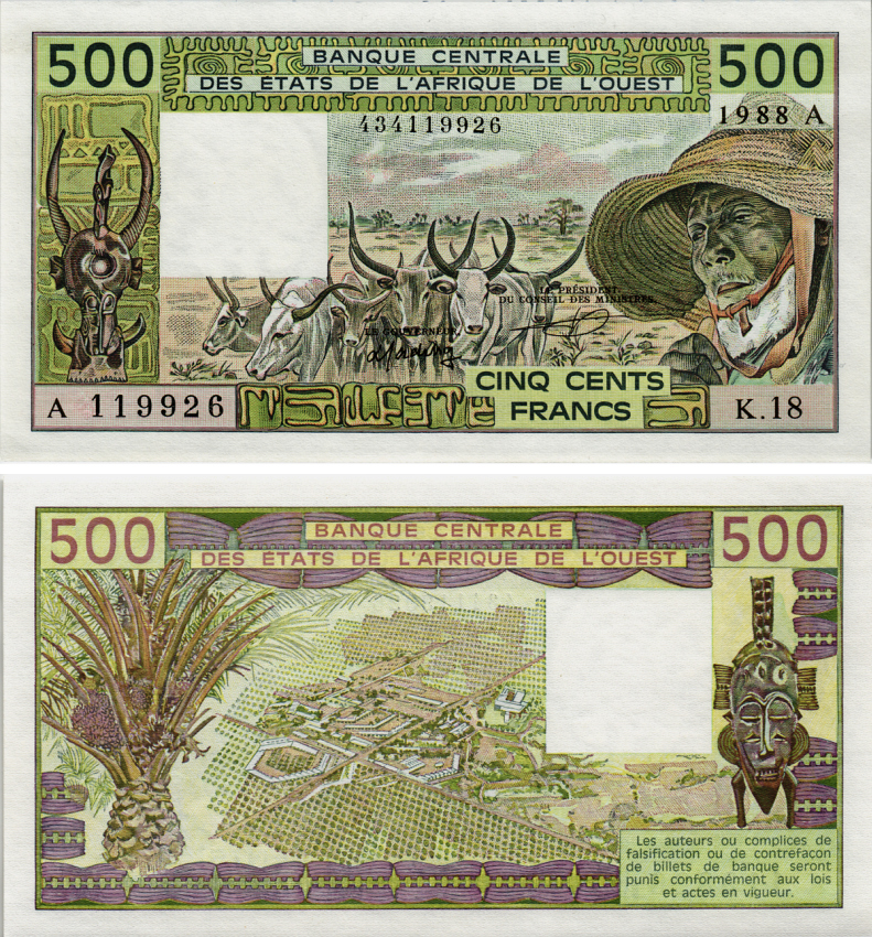 ВАЛЮТНЫЙ СОЮЗ СТРАН ЗАПАДНОЙ АФРИКИ, КОТ-Д'ИВУАР 500 ФРАНКОВ 1988 ПОДПИСЬ 14, БУКВА А Pick 106Аа бумага UNC (ПРЕСС) 8592-22-1-1