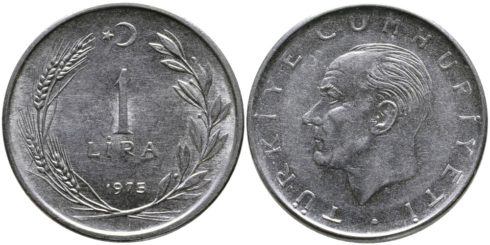 Турция 1 лира 1975 Мустафа Кемаль Ататюрк KM 889а.2 нержавеющая сталь 4178-1043