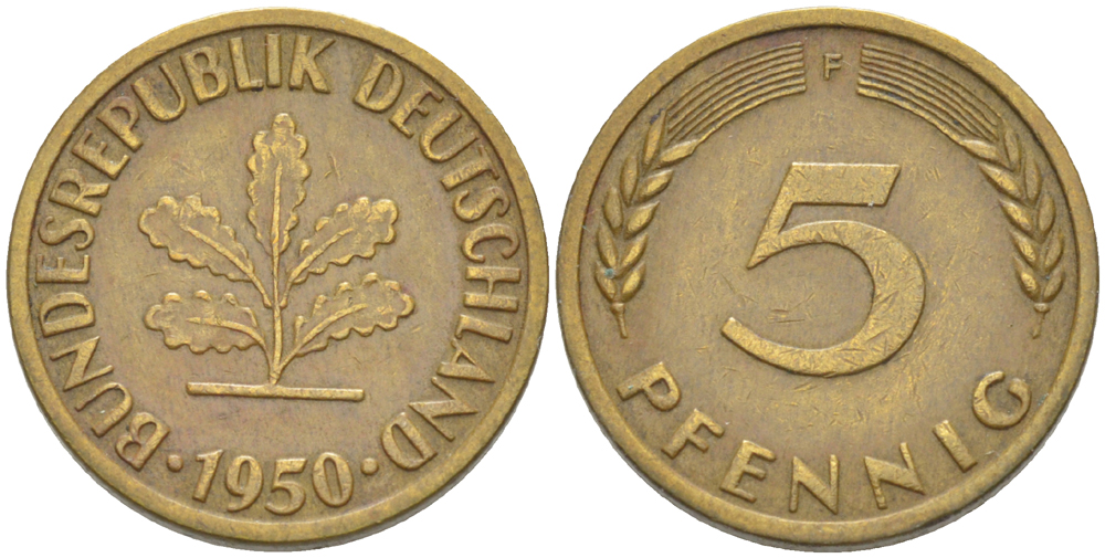 ФРГ 5 ПФЕННИГОВ 1950 F KM 107, J. 382 сталь плакированная латунью 4181-911