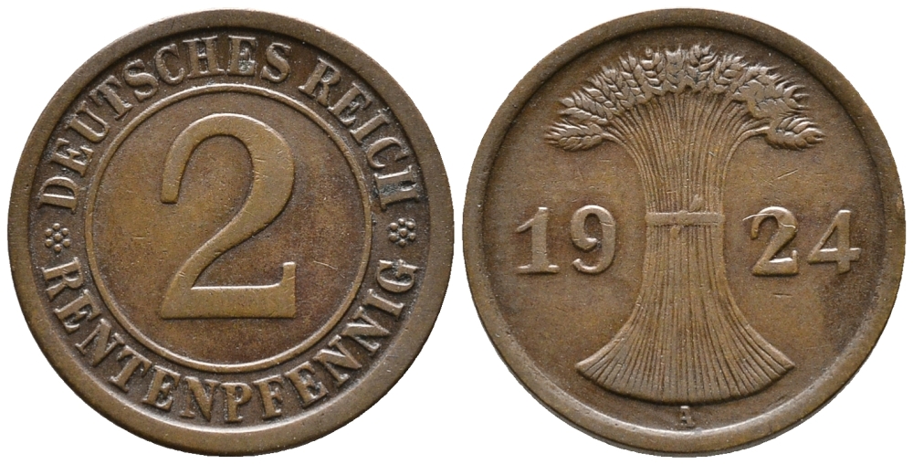 ГЕРМАНИЯ 2 РЕНТЕНПФЕННИГА 1924 A KM 31, J. 307 бронза 24-537
