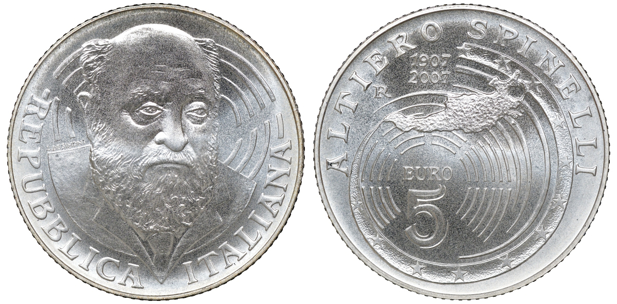 Италия 5 евро 2007 100 лет со дня рождения Альтьери Спинелли KM 293 серебро UNC 6-5-1-31